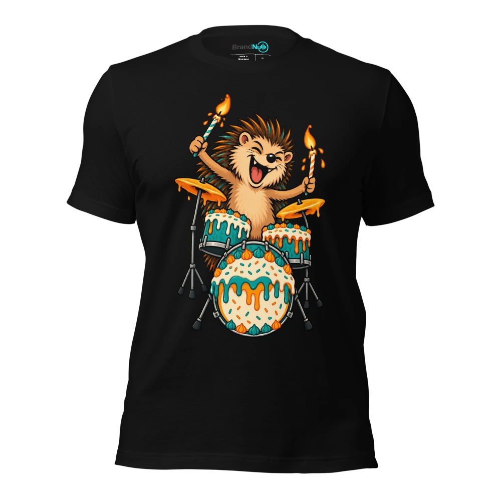 A hedgehog using birthday candles as tiny drumsticks T-SHIRT
