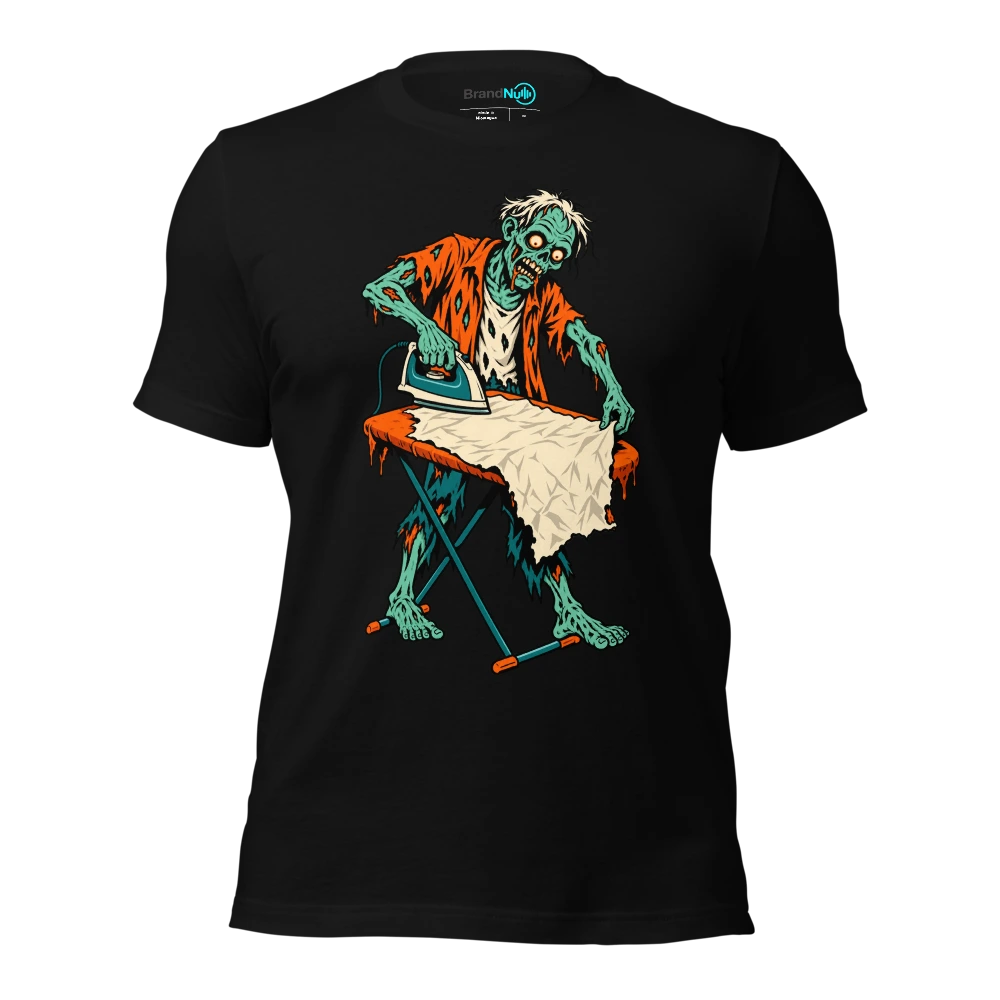 A zombie carefully ironing a crumpled blank gig poster T Shirt Black Front
