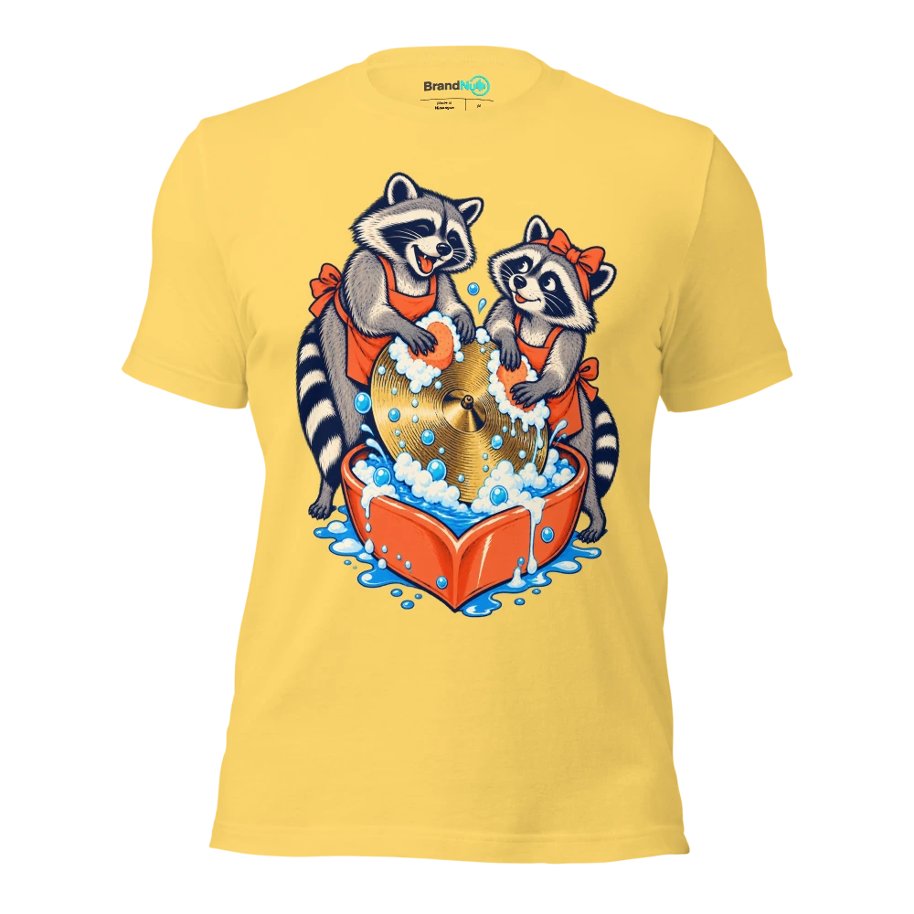 Two raccoons washing a single cymbal in a heart shaped basin T Shirt Yellow Front