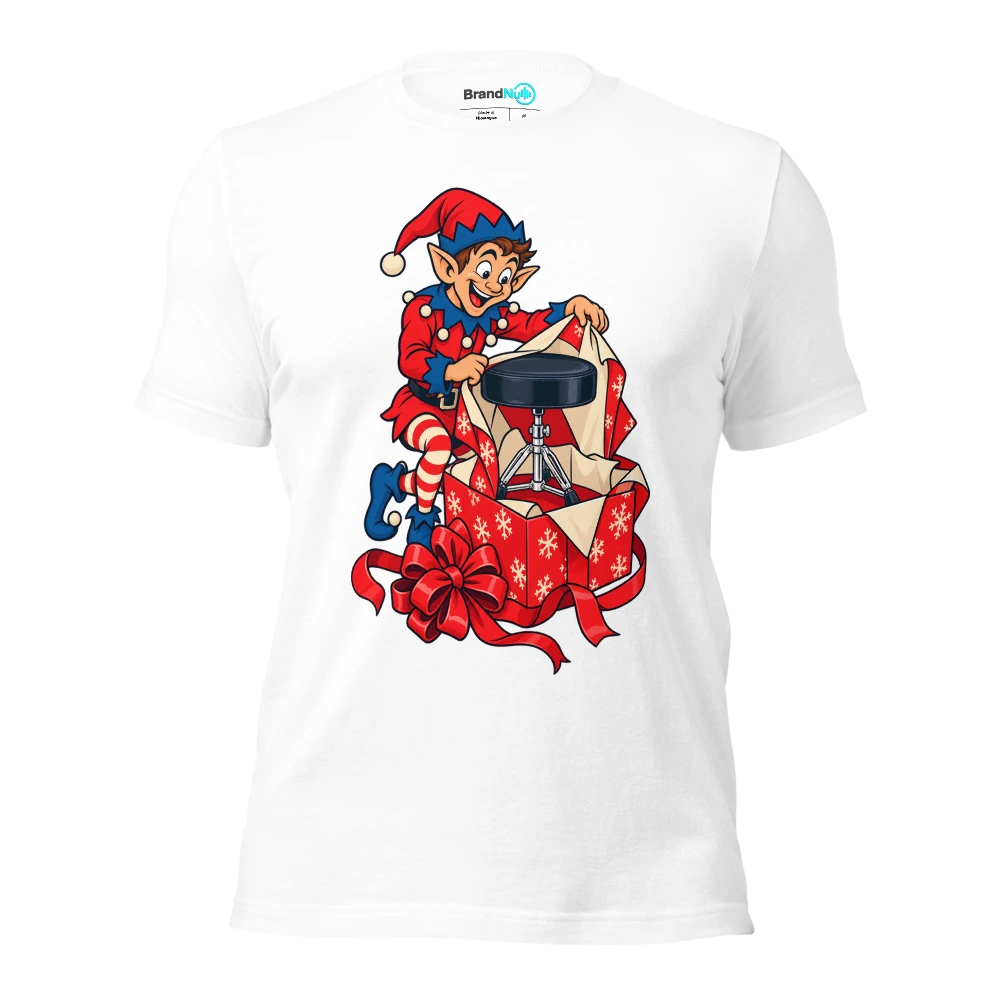 An elf packing a drum stool as though it were a luxury gift T Shirt White Front