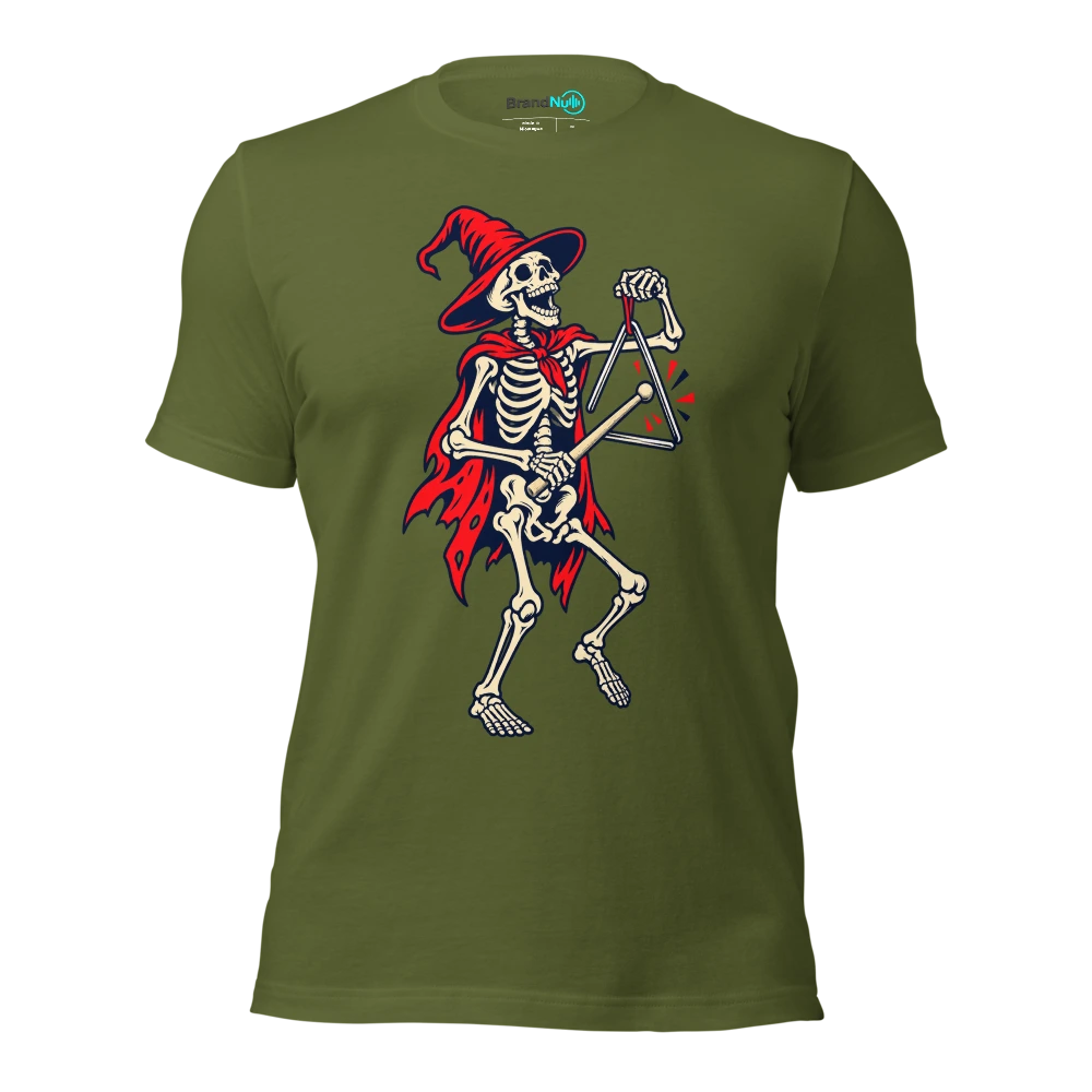 A skeleton playing a triangle with an oversized femur shaped beater T Shirt Olive Front