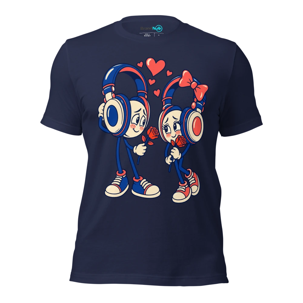 Two shy headphones offering each other a single rose T Shirt Navy Front