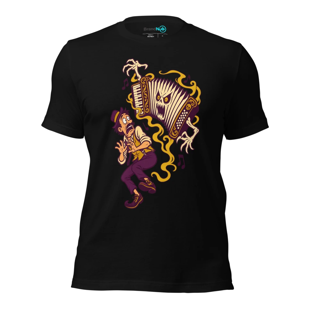 A haunted accordion expanding while its nervous owner retreats T Shirt Black Front