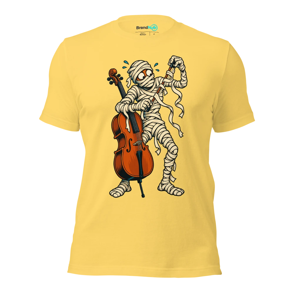 A mummy trying to unroll a cello bow from its bandages T Shirt Yellow Front