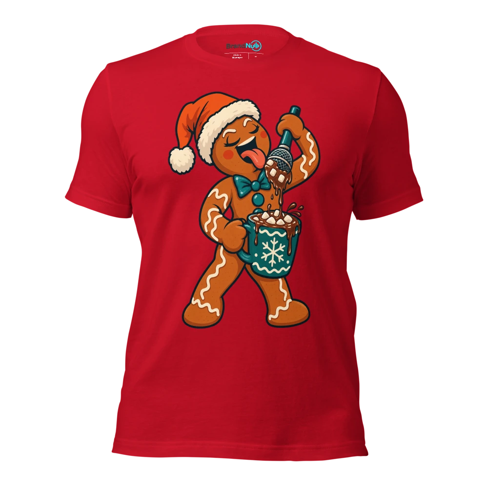 A gingerbread singer dipping a microphone into a mug of cocoa T Shirt Red Front