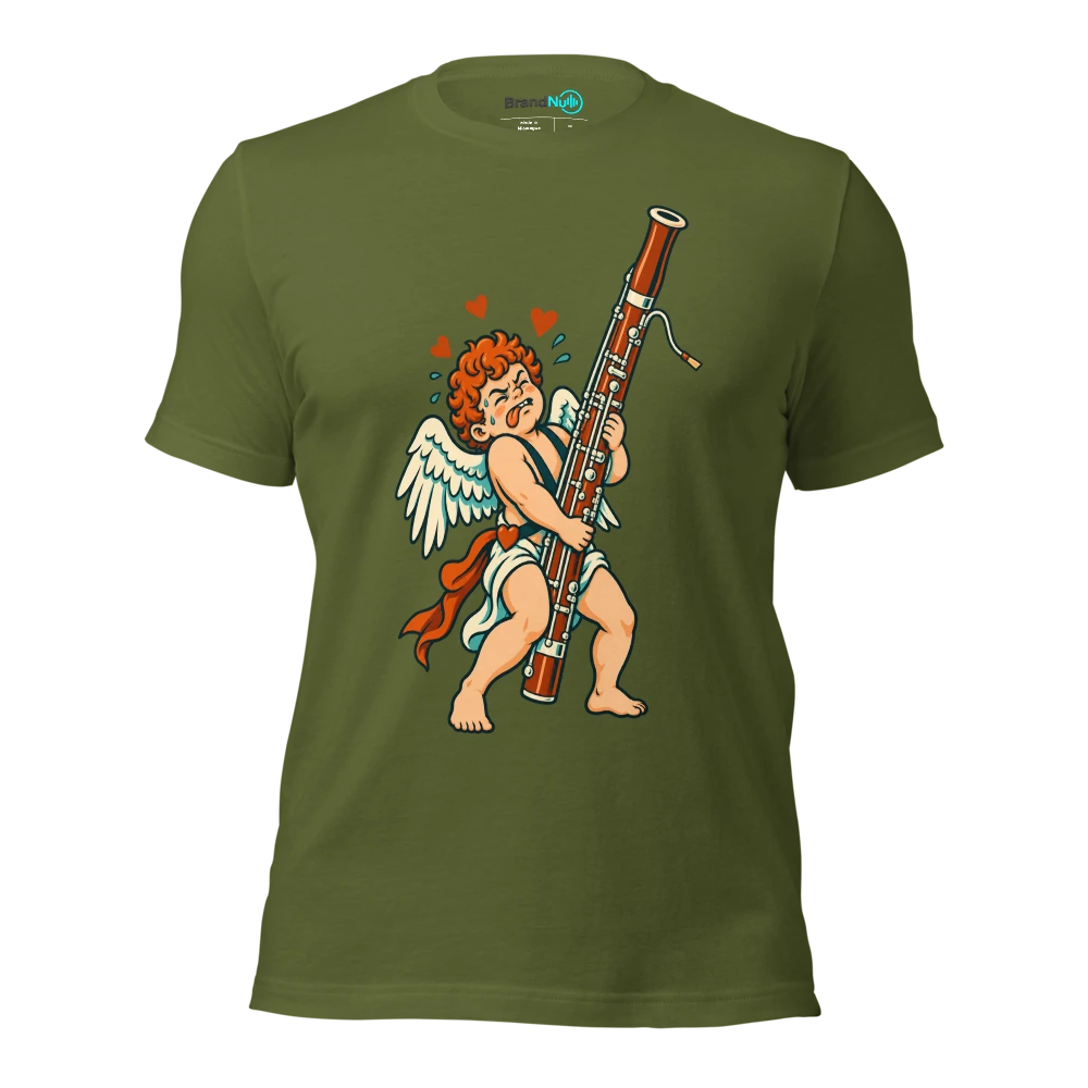 A cupid struggling to carry a full size bassoon instead of a bow T Shirt Olive Front