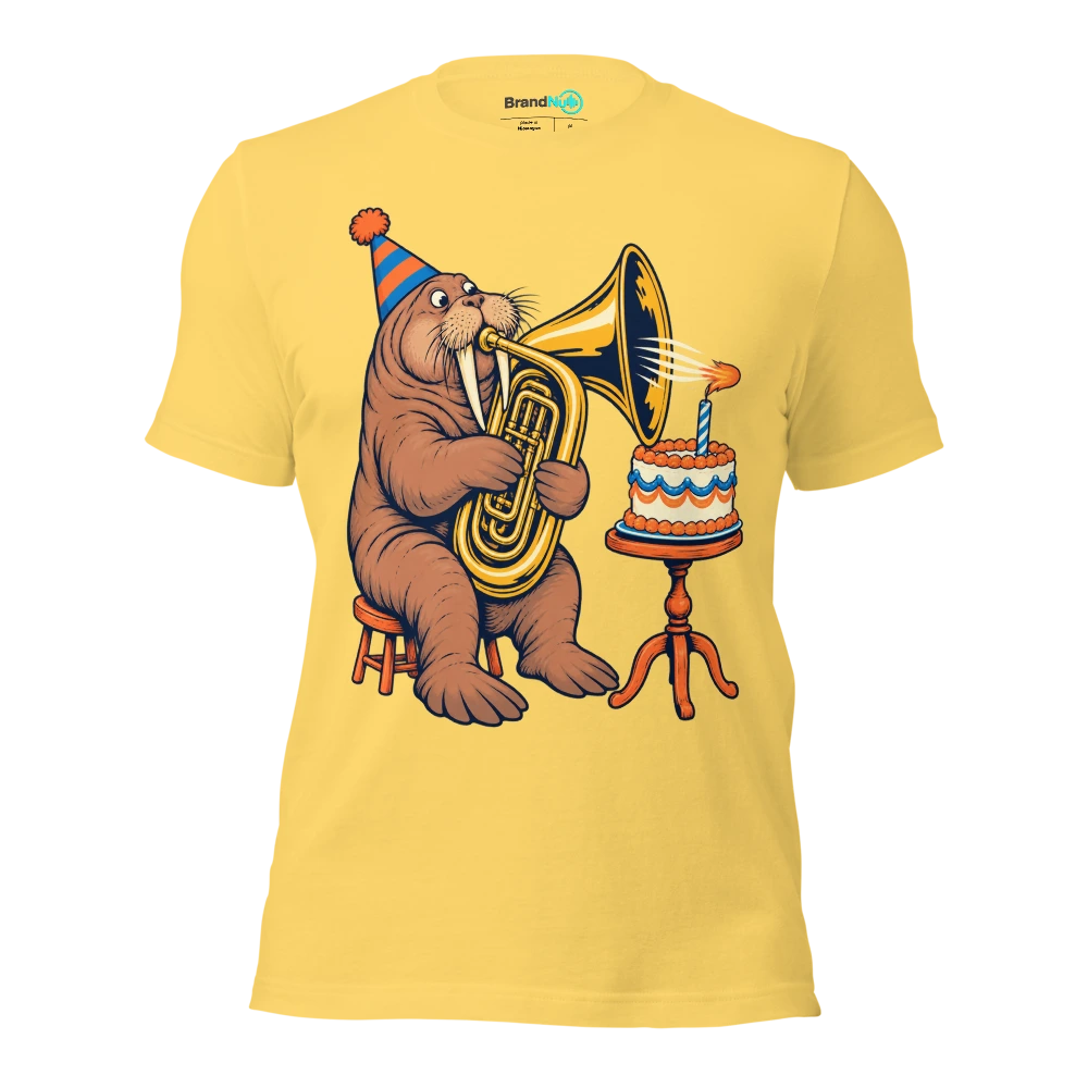 Birthday walrus trying to blow a candle through a tuba T Shirt Yellow Front
