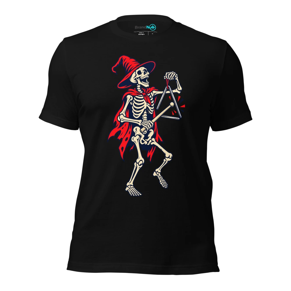 A skeleton playing a triangle with an oversized femur shaped beater T-SHIRT