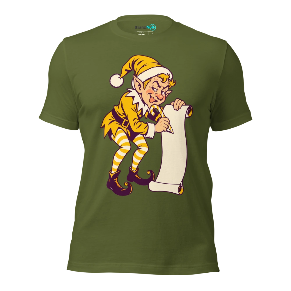 Elf marking blank set list paper with a candy cane T Shirt Olive Front