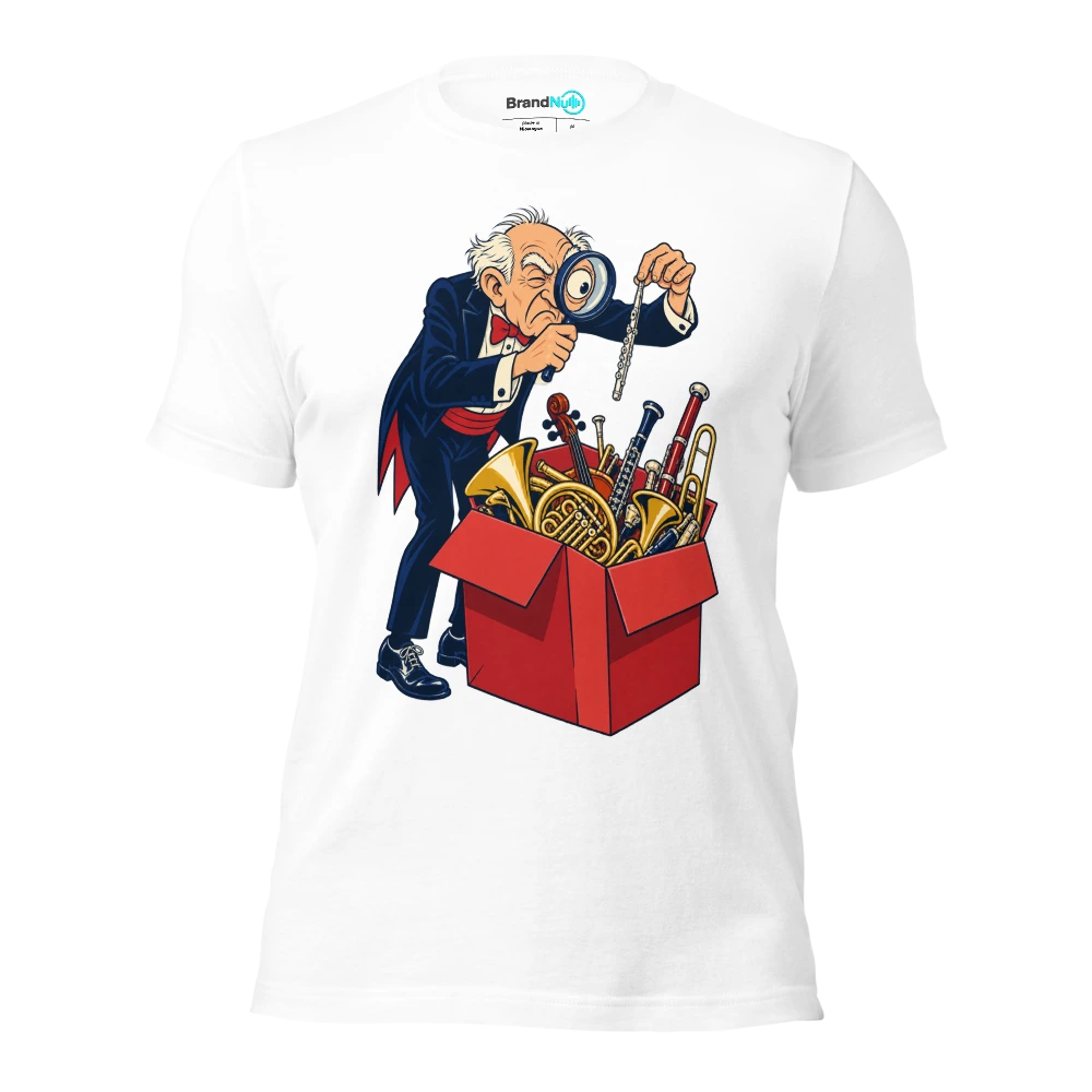 Older musician using a magnifier to find a piccolo in a large box T Shirt White Front