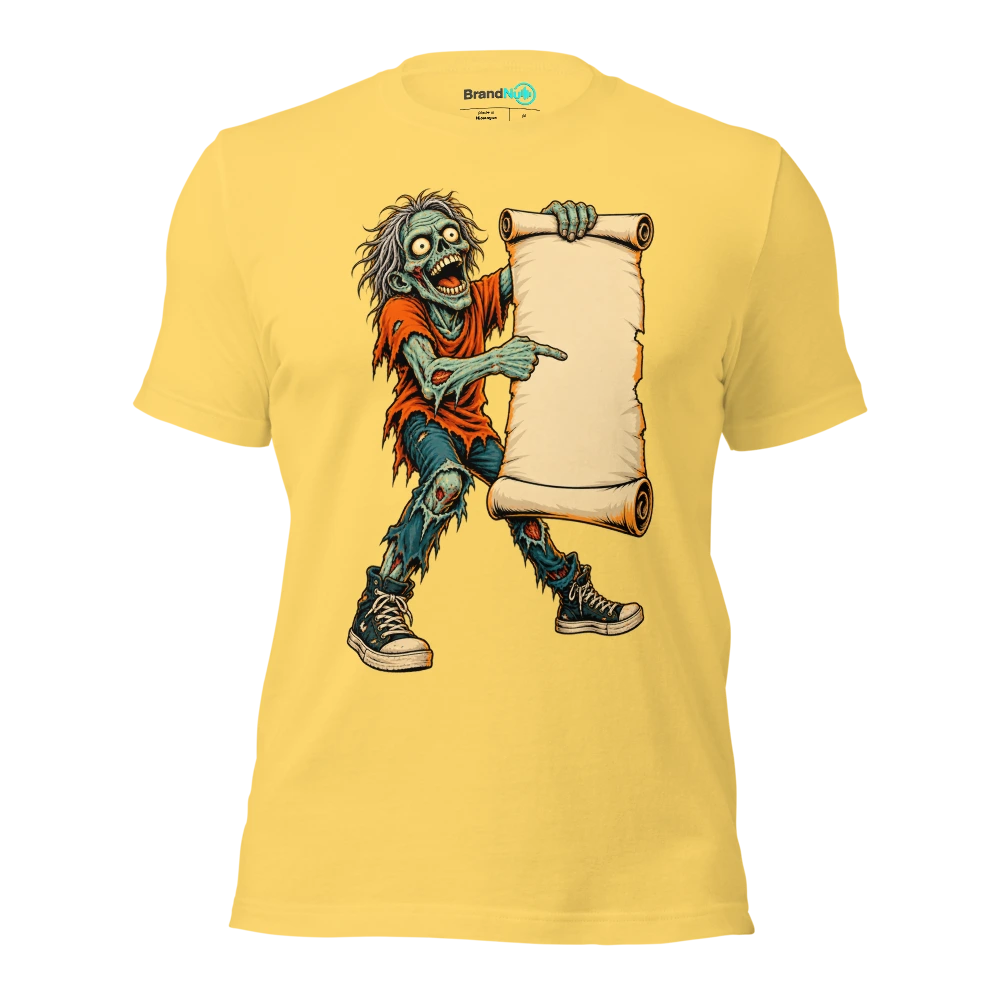 Zombie offering a blank encore request on a giant scroll T Shirt Yellow Front