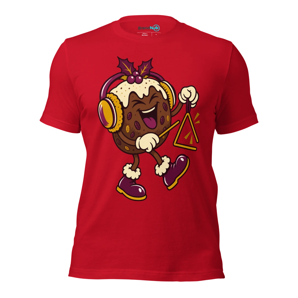 A Christmas pudding wearing oversized ear defenders beside a triangle T Shirt Red Front