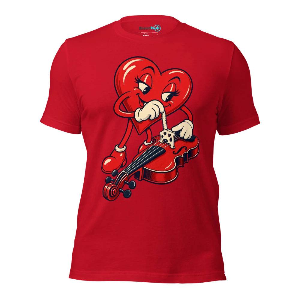 Heart mascot measuring a violin bridge with a tiny ruler T Shirt Red Front