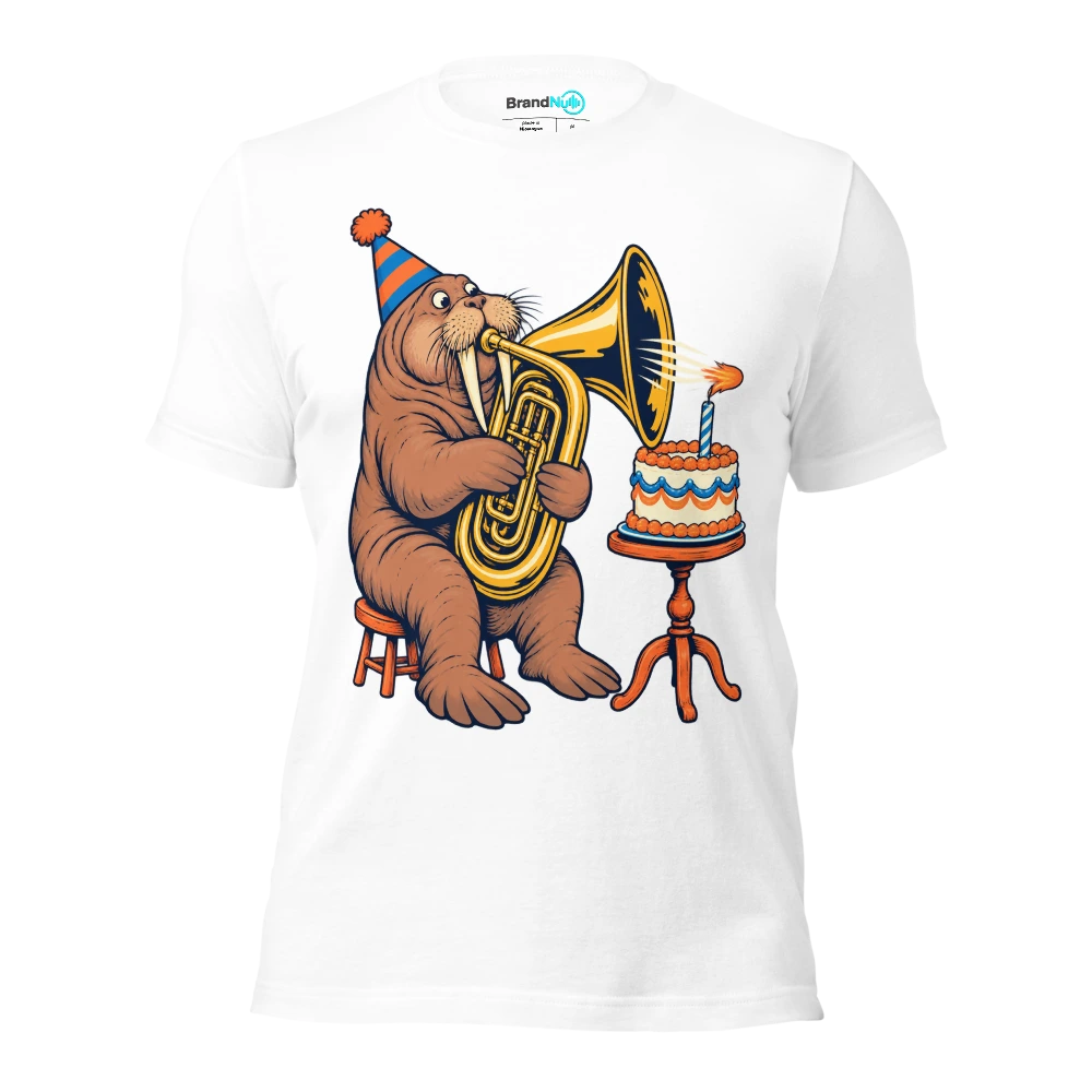 Birthday walrus trying to blow a candle through a tuba T Shirt White Front