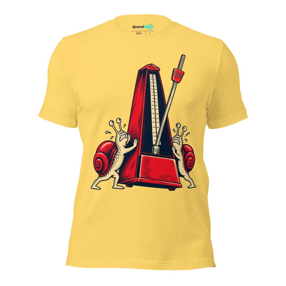 Two snails pushing one enormous metronome together T Shirt Yellow Front
