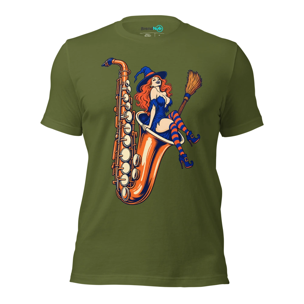 Witch broom parked inside an enormous saxophone bell T Shirt Olive Front