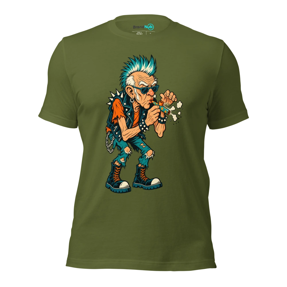 An elderly punk carefully blowing dust off a birthday kazoo T Shirt Olive Front