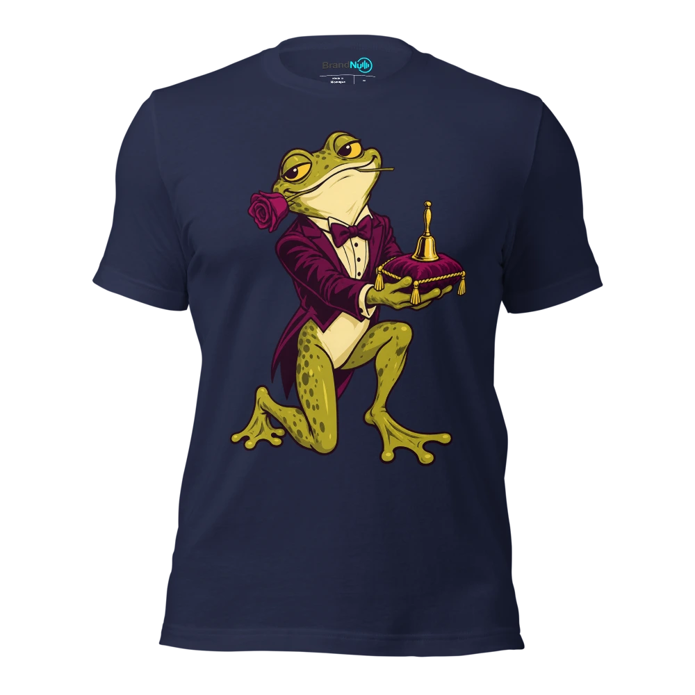 Frog offering a tiny handbell on a velvet cushion T Shirt Navy Front
