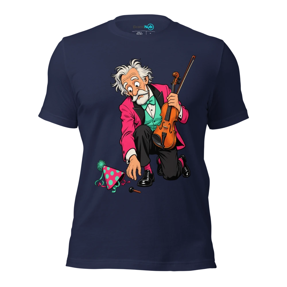 Older musician kneeling beside a dropped violin peg and party hat T Shirt Navy Front