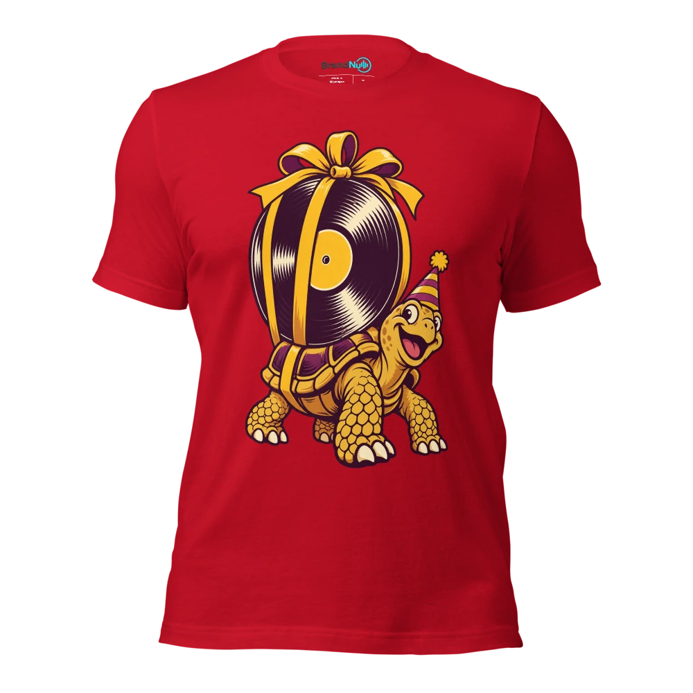 A tortoise carrying a massive blank vinyl record as a birthday present T Shirt Red Front
