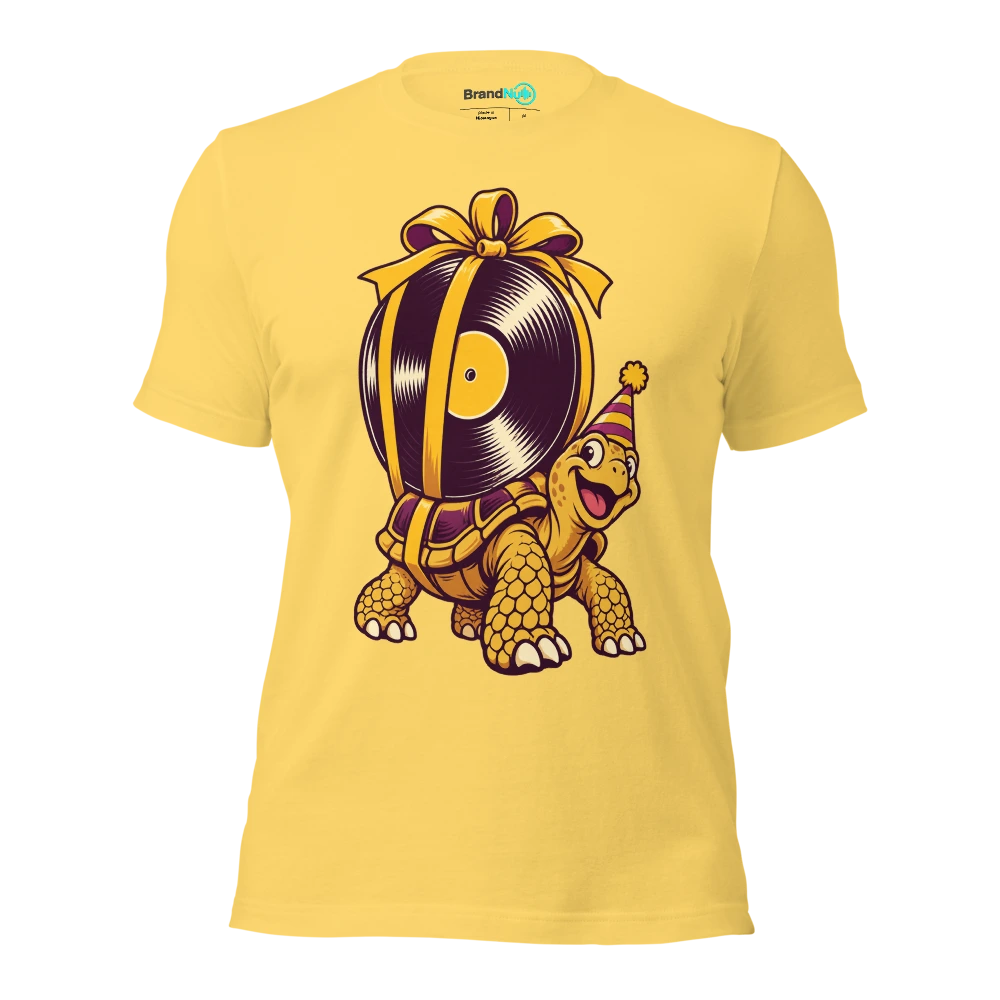A tortoise carrying a massive blank vinyl record as a birthday present T Shirt Yellow Front