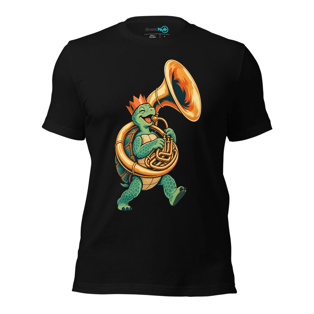 Birthday turtle carrying a sousaphone and wearing a paper crown T Shirt Black Front