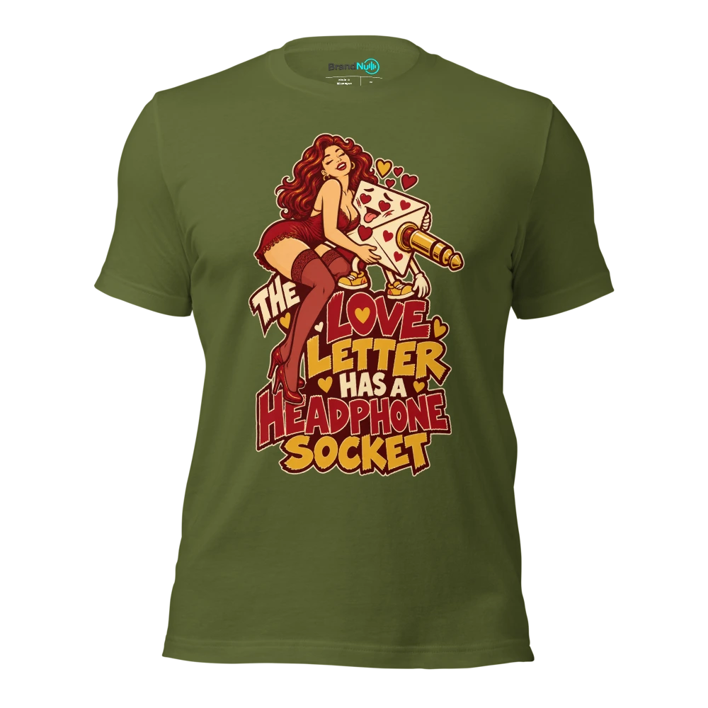 THE LOVE LETTER HAS A HEADPHONE SOCKET T Shirt Olive Front