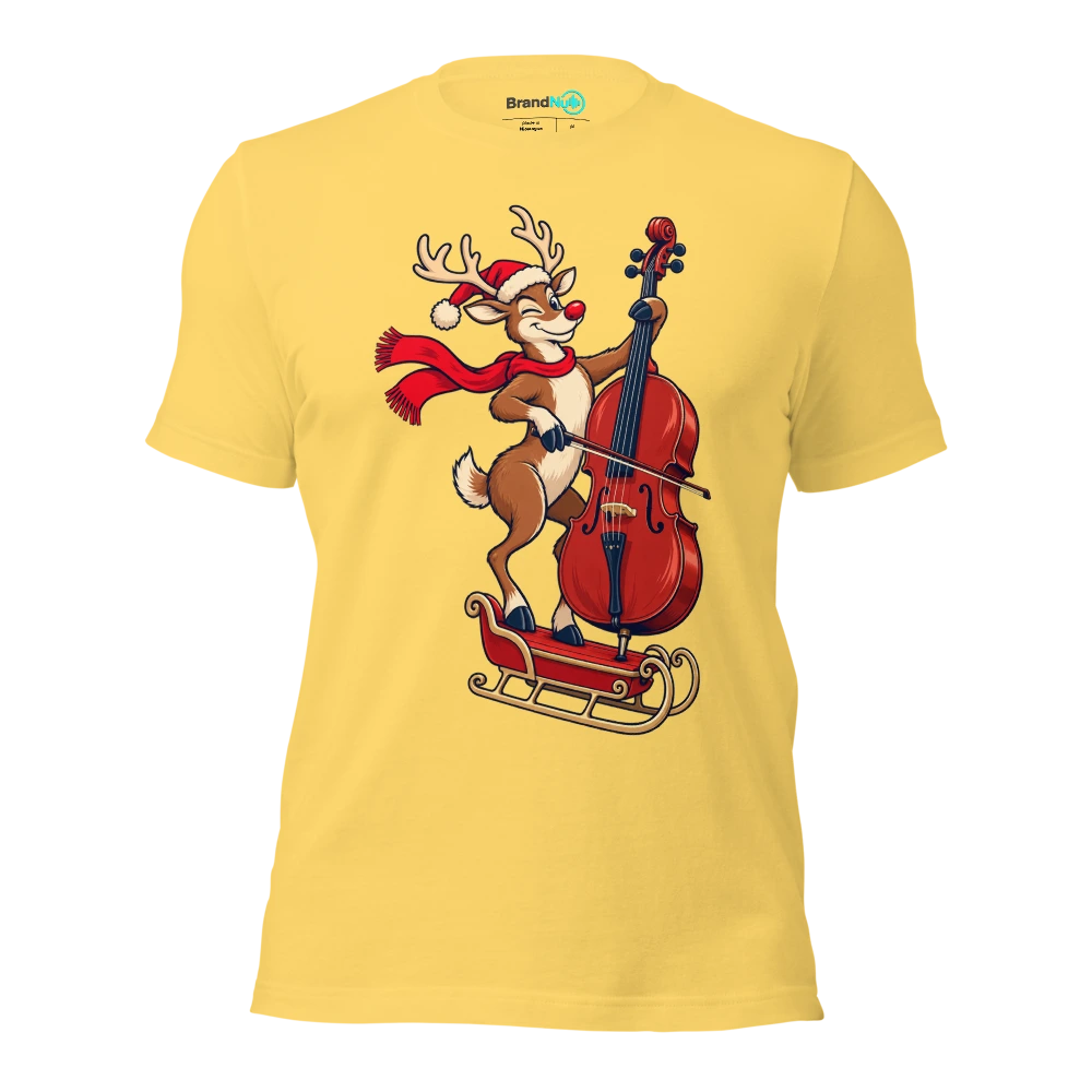 Reindeer balancing a cello on a tiny sleigh T Shirt Yellow Front