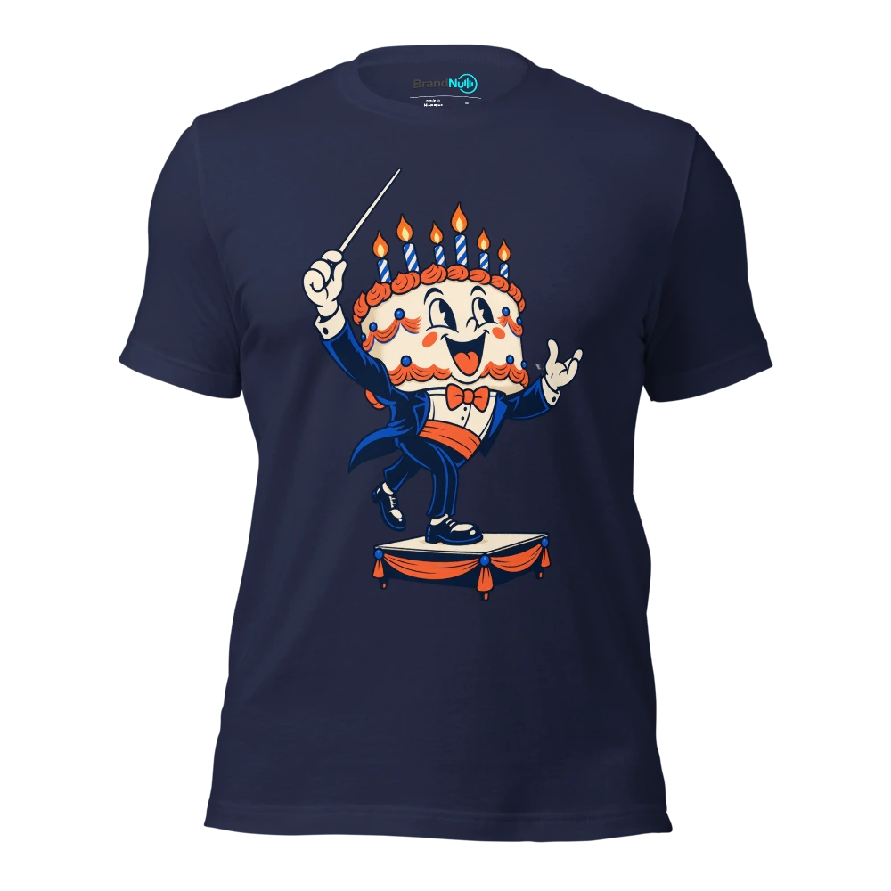 Cake mascot stepping onto a tiny conductor podium T Shirt Navy Front