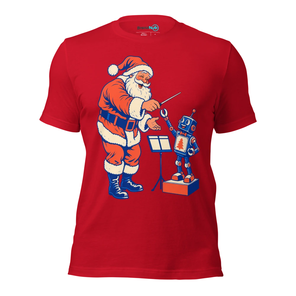 Santa conductor handing his baton to a toy robot T Shirt Red Front