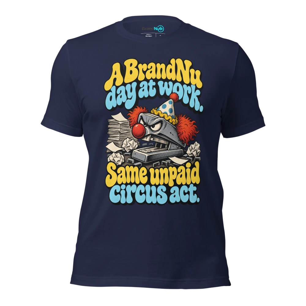 A BrandNu day at work. Same unpaid circus act T Shirt Navy Front