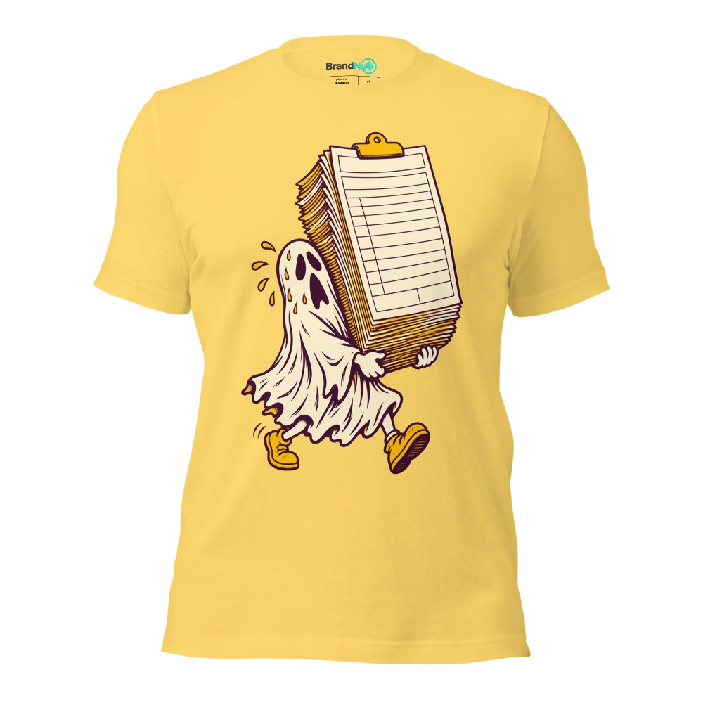 Ghost carrying an enormous blank instrument insurance form T Shirt Yellow Front