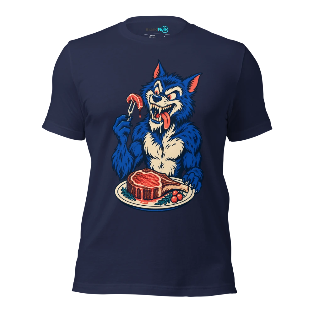 A werewolf using a tuning fork as a tiny dinner fork T Shirt Navy Front