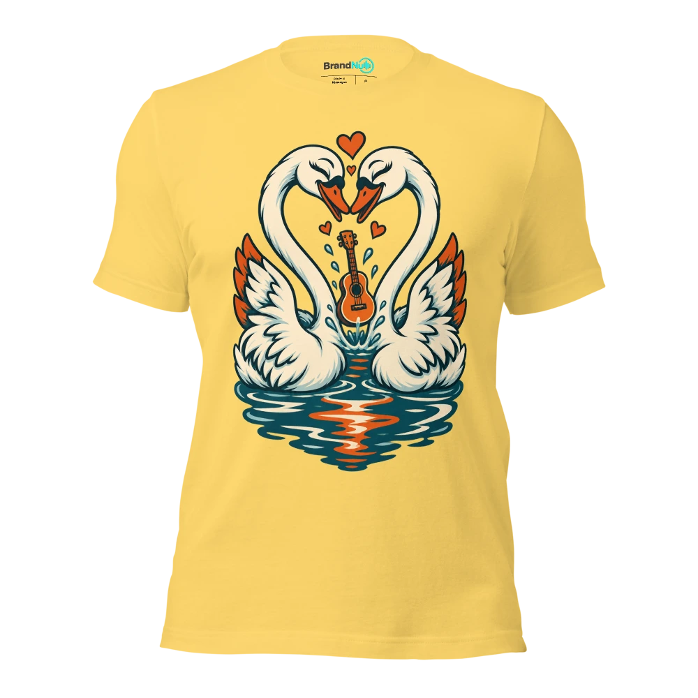 A pair of swans forming a heart around a tiny floating guitar T Shirt Yellow Front