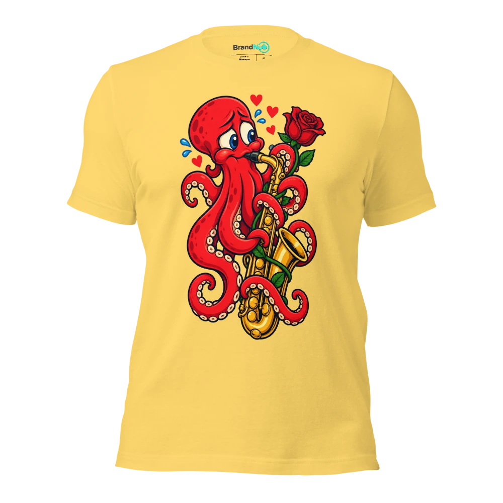 An octopus nervously wrapping a single rose around a saxophone T Shirt Yellow Front