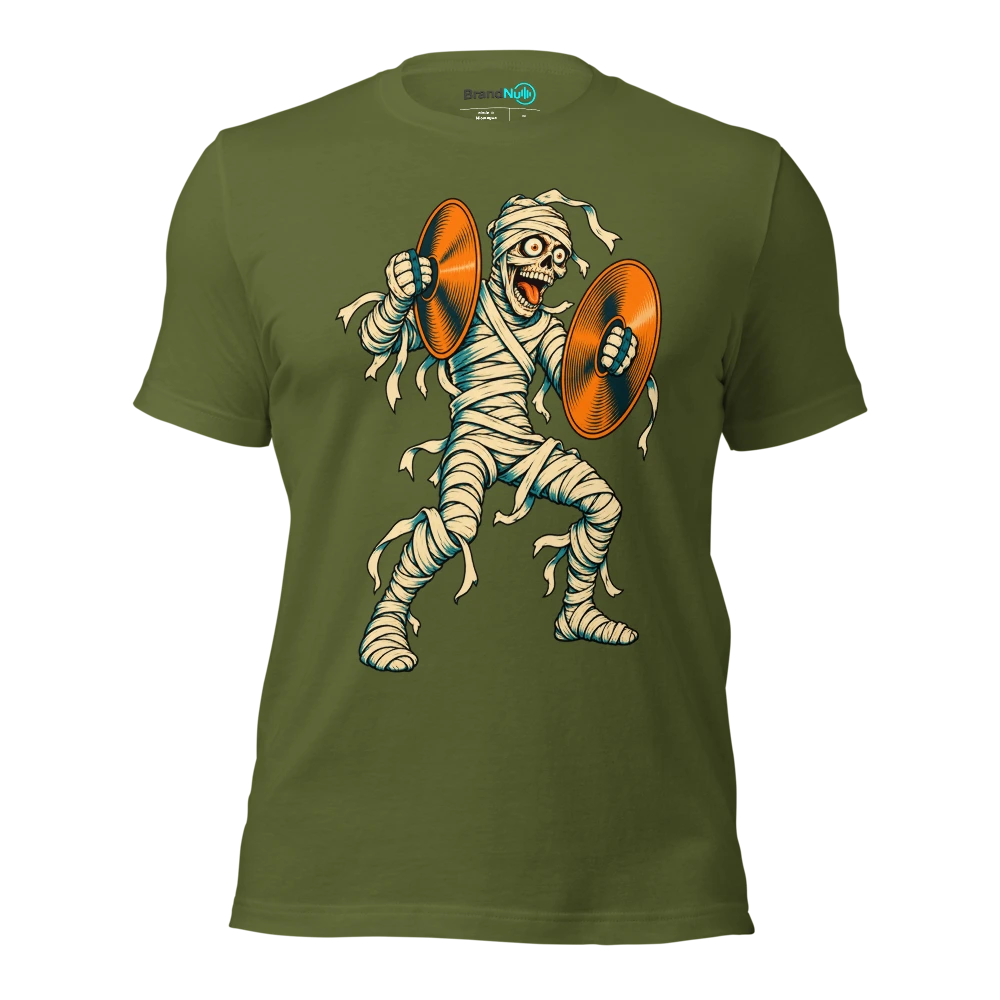 Mummy attempting to clap while holding two cymbals T Shirt Olive Front