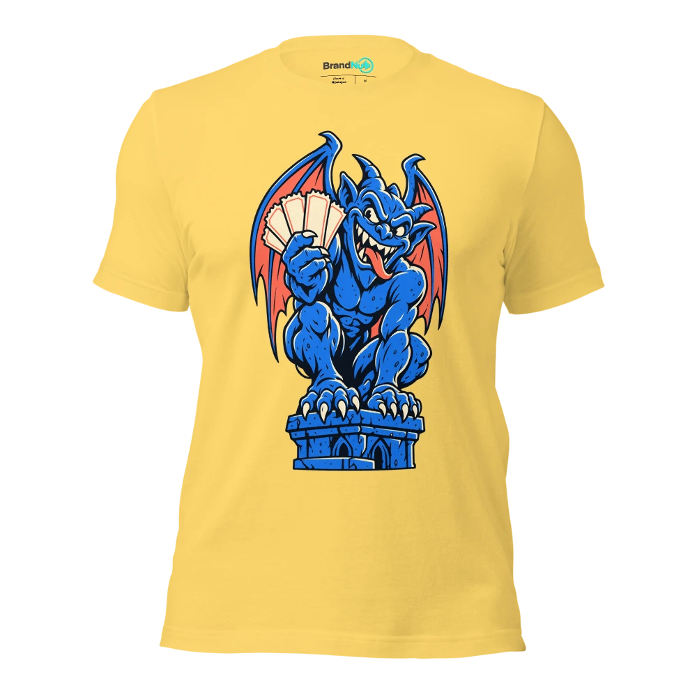 A grinning gargoyle clutching a stack of blank concert tickets T Shirt Yellow Front