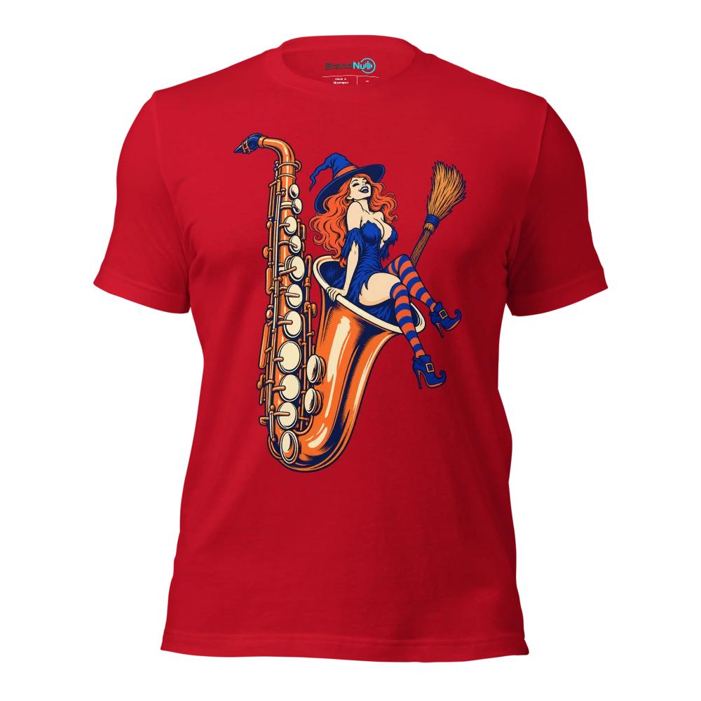 Witch broom parked inside an enormous saxophone bell T Shirt Red Front