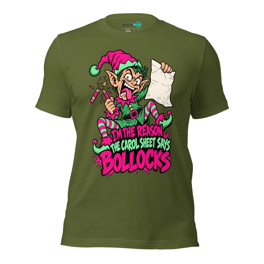 I'M THE REASON THE CAROL SHEET SAYS BOLLOCKS T Shirt Olive Front