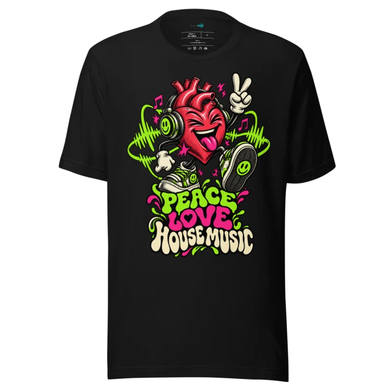 Peace Love House Music T Shirt – Classic Rave Statement - Black