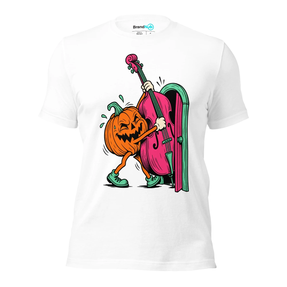 Pumpkin carrying a double bass through a tiny doorway T Shirt White Front
