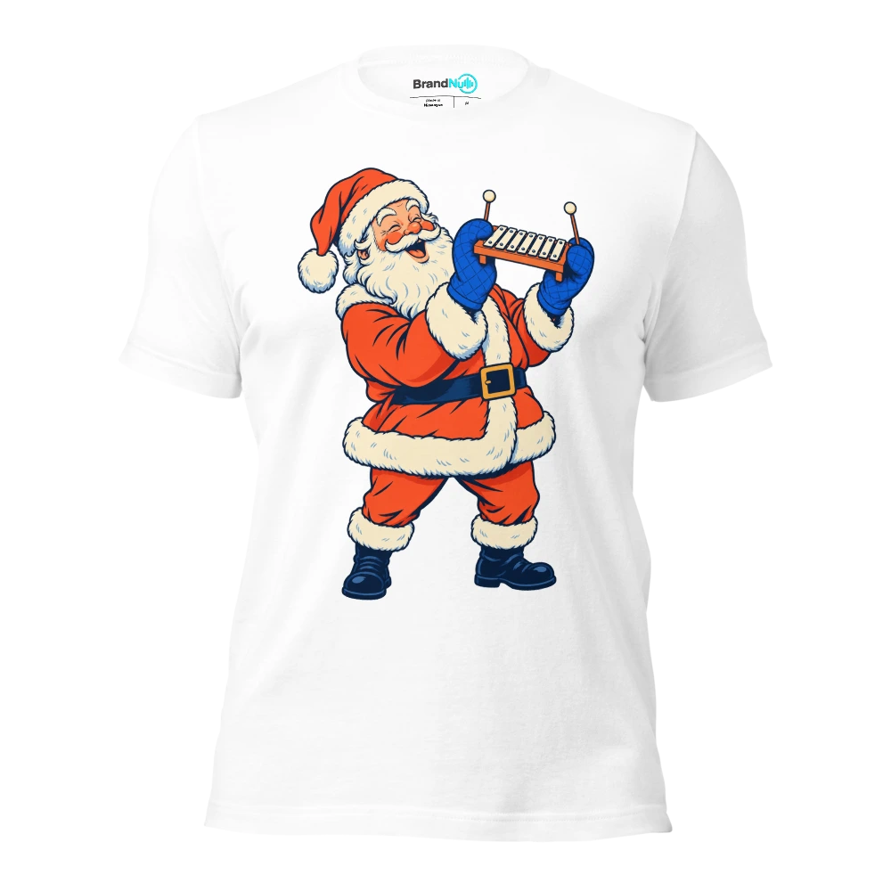 Santa lifting a tiny glockenspiel with oven gloves T Shirt White Front
