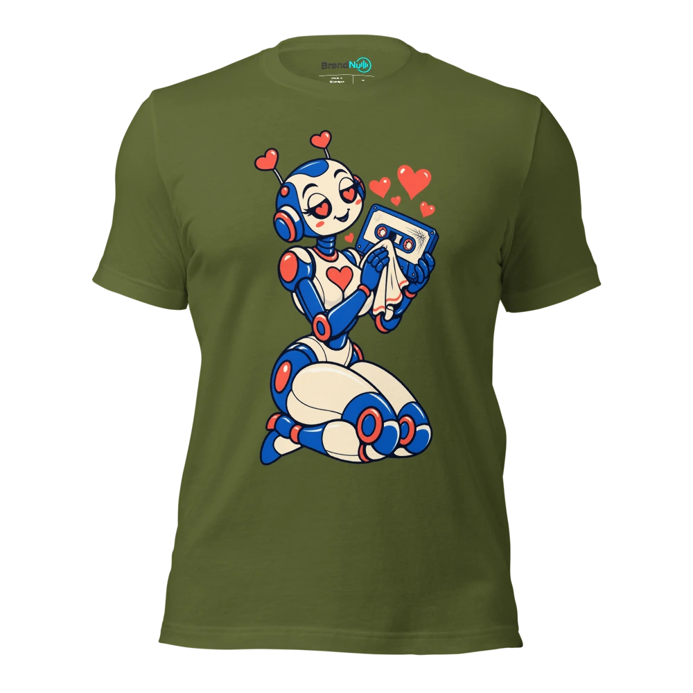 A romantic robot polishing a scratched blank cassette with a handkerchief T Shirt Olive Front