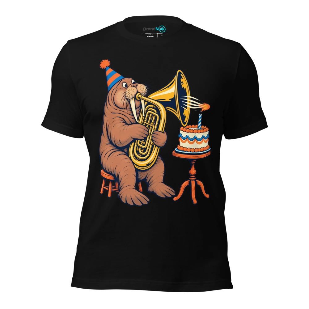 Birthday walrus trying to blow a candle through a tuba T Shirt Black Front