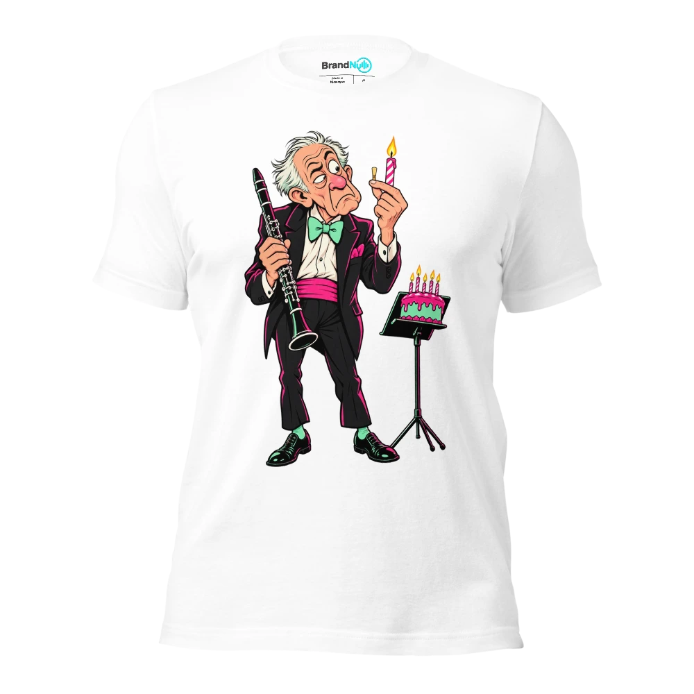 Older clarinetist comparing a candle to a tiny reed T Shirt White Front