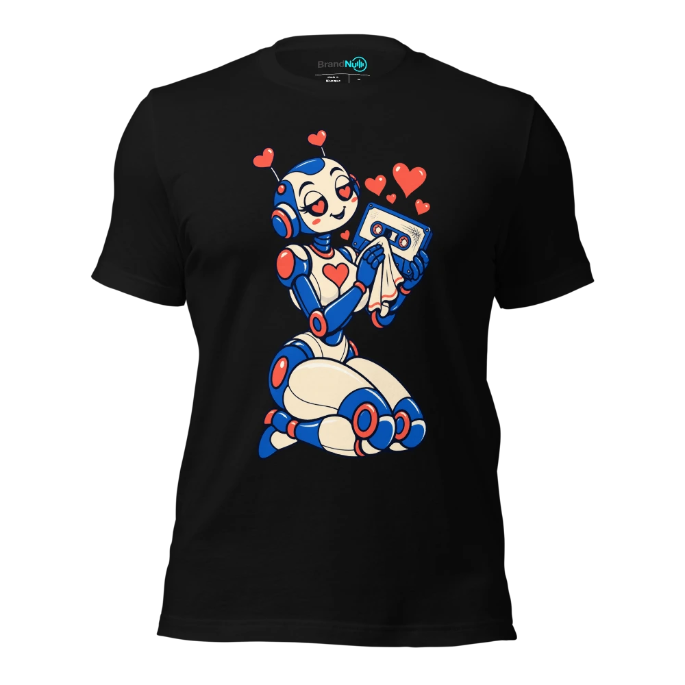 A romantic robot polishing a scratched blank cassette with a handkerchief T Shirt Black Front