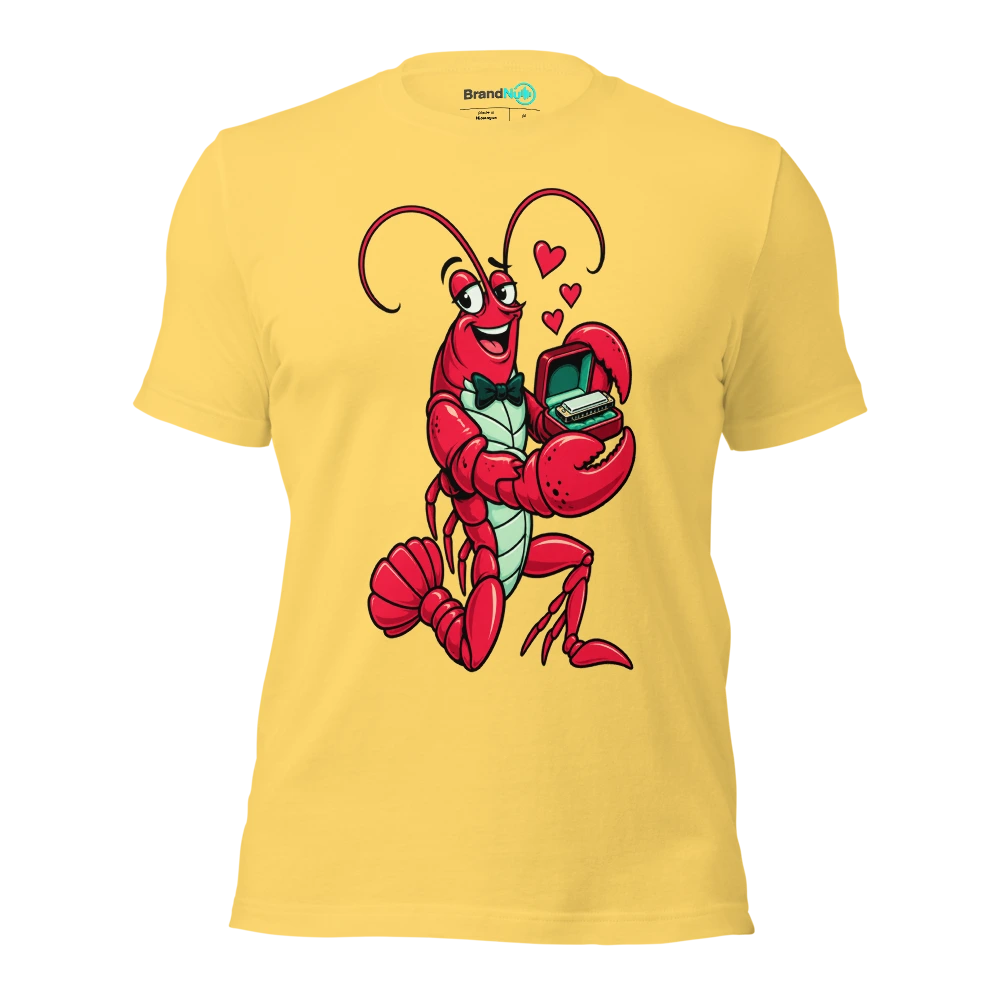 A lobster presenting a tiny harmonica in an open ring box T Shirt Yellow Front