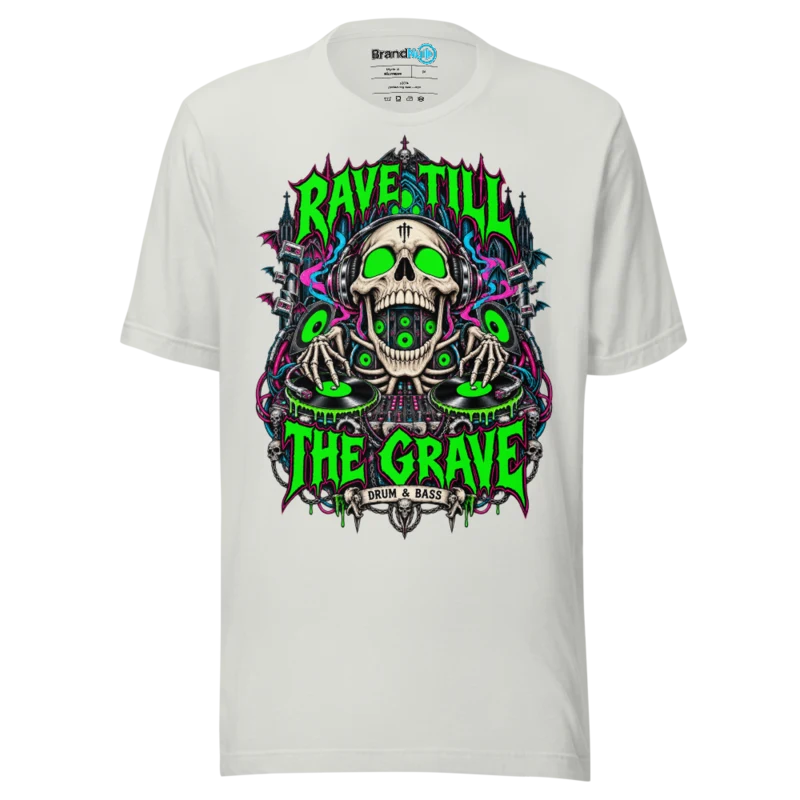 Rave Till The Grave Drum and Bass T Shirt Skull Deck Green Screen Edition - Silver