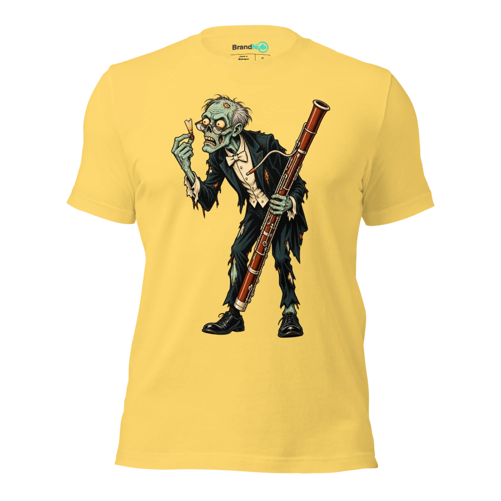 Zombie examining a broken bassoon reed with reading glasses T Shirt Yellow Front