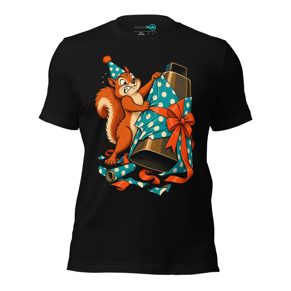Birthday squirrel struggling to wrap an enormous cowbell T Shirt Black Front